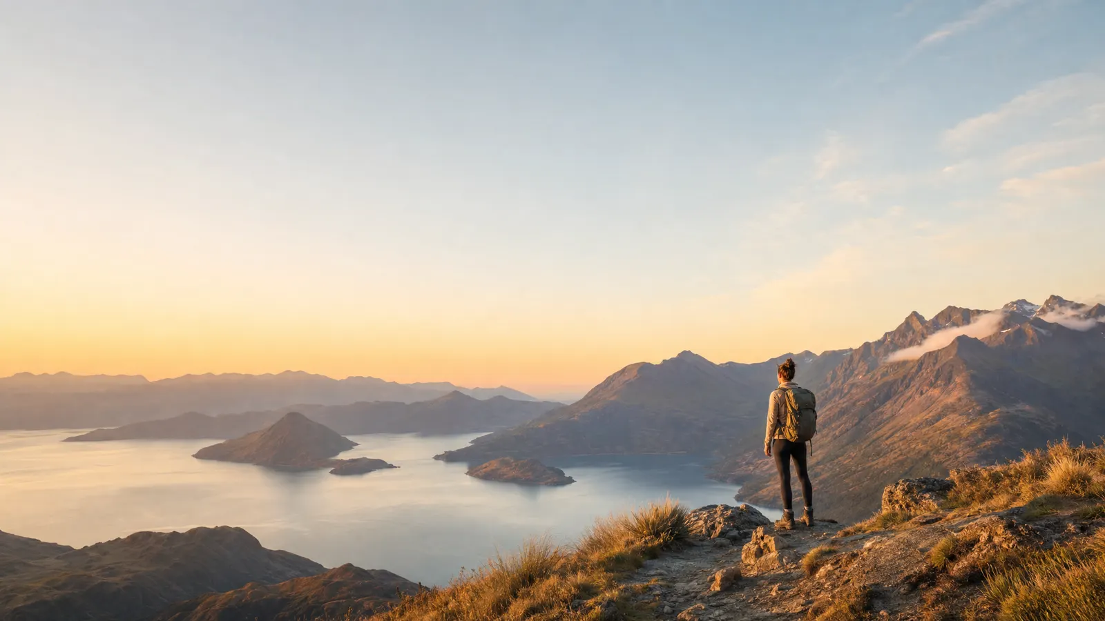 A traveler looking out over mountains and a lake